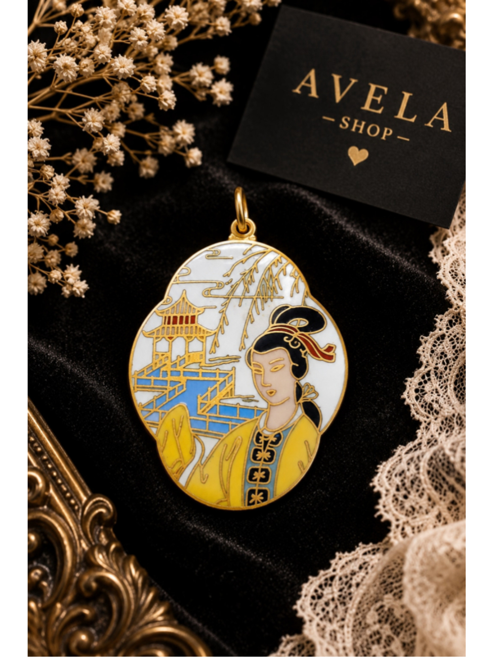 Vintage Cloisonné Enamel Asian Lady Pagoda Scenic Pendant Gold Tone Charm Estate